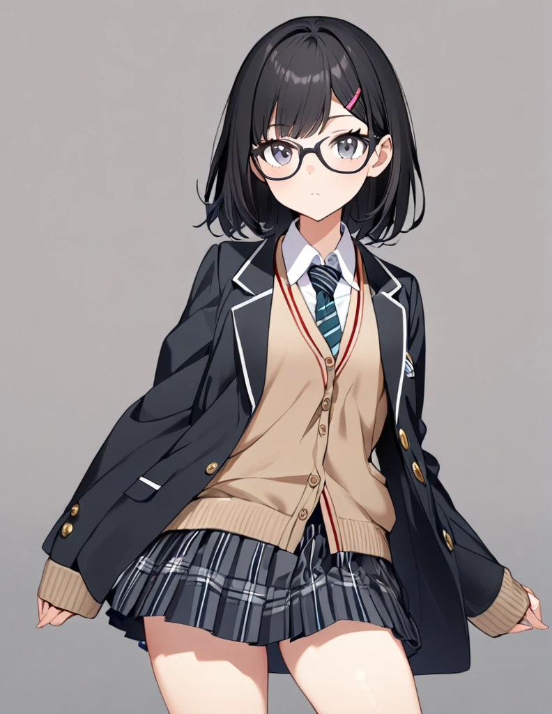 1 girl, black hair, hair clip, glasses, school uniform, open blazer, cardigan, sleeves past wrists, necktie, skirt, socks, shoes, looking at viewers, cowboy shot