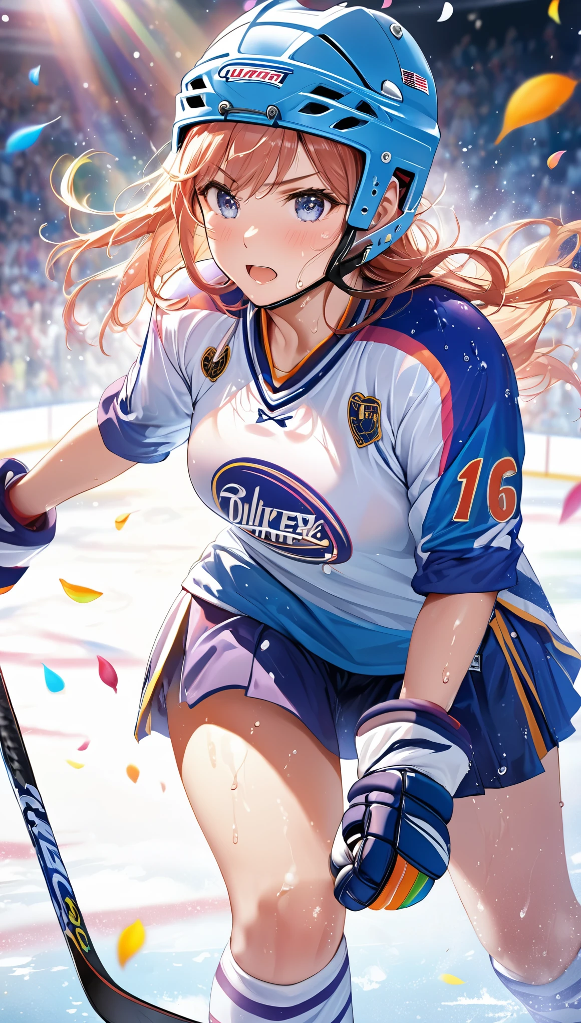 (Sports magazine cover photo), Highest quality, Great quality, 16K, Unbelievably absurd, Very detailed, delicate and dynamic, Natural light, The particles reflect light, Diffuse reflection of light, Many rainbow-colored petals fall, Beautiful hall, Sparkling Sun, Diffuse reflection of light, Create amazing image effects, Hockey girl, Wet, sweating, Ice hockey, Holding hockey stick, Close-up(Cute sexy girl, big bouncing busts, Sensual expression, Cool girl, Serious, passion, Dynamic, Flashy hockey uniform, ,ice hockey helmet, audience ,much-air-laden cheer)