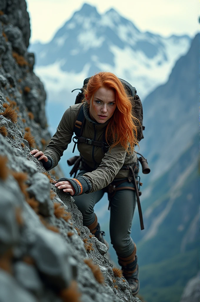 hdr, a redhead woman, climbing mountains, close up, details Intricate, hyperdetailed, cinematic, dark shot, subdued colors, grainy film, calming hues, subdued colors, tecnicolor, (muddy:0.6)