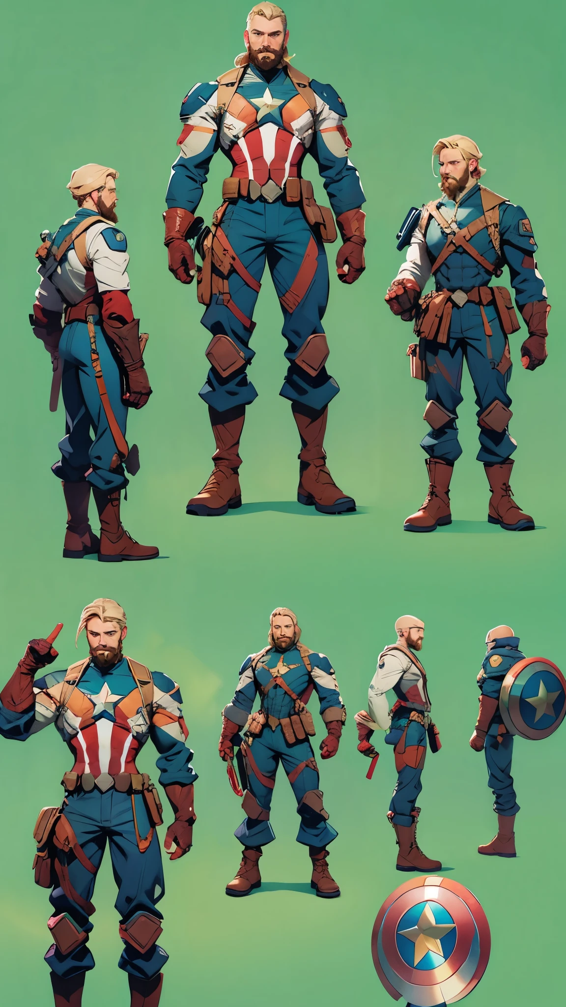 (Charactersheet:0.4), 8k, highres, envision a realistic intricate full body character design that is high quality and detailed of a man with blonde hair and a blonde beard in a Captain America suit with technology attachments and a red white and blue circular shield against a dark gray background with multiple views displaying the outfit and weapons