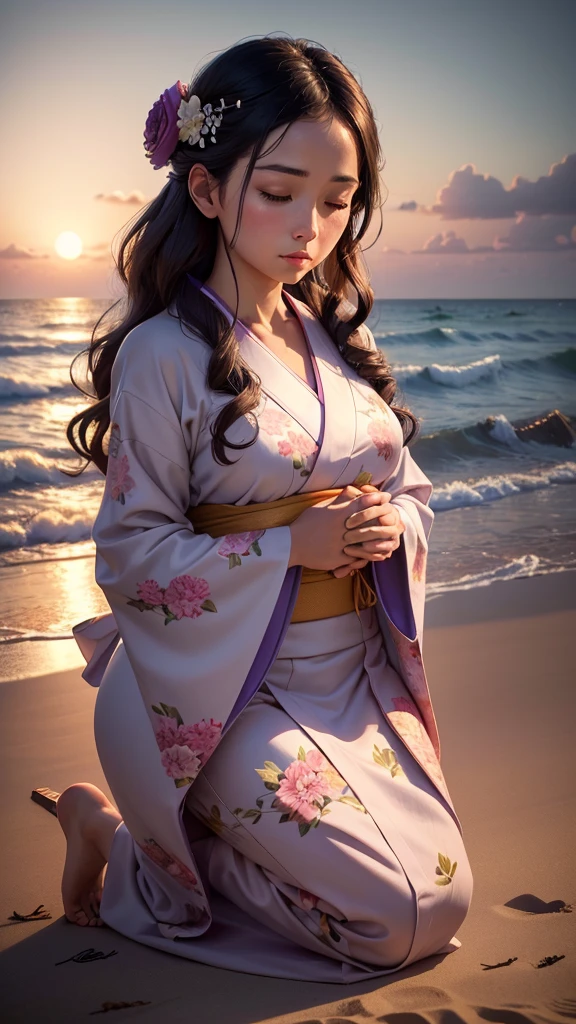beautiful woman kneeling in prayer by the seaside, eyes closed, hands gently pressed together, wearing elegant traditional Japanese kimono in soft pastel colors with intricate floral patterns, delicate obi sash, long dark hair in classic updo with ornate hairpins, tranquil beach with gentle waves, warm orange and purple sky, seagulls gliding, subtle golden particles shimmering around her, (best quality,4k,8k,highres,masterpiece:1.2),ultra-detailed,(realistic,photorealistic,photo-realistic:1.37),highly detailed portrait,dramatic lighting,cinematic composition,ethereal atmosphere,stunning natural beauty