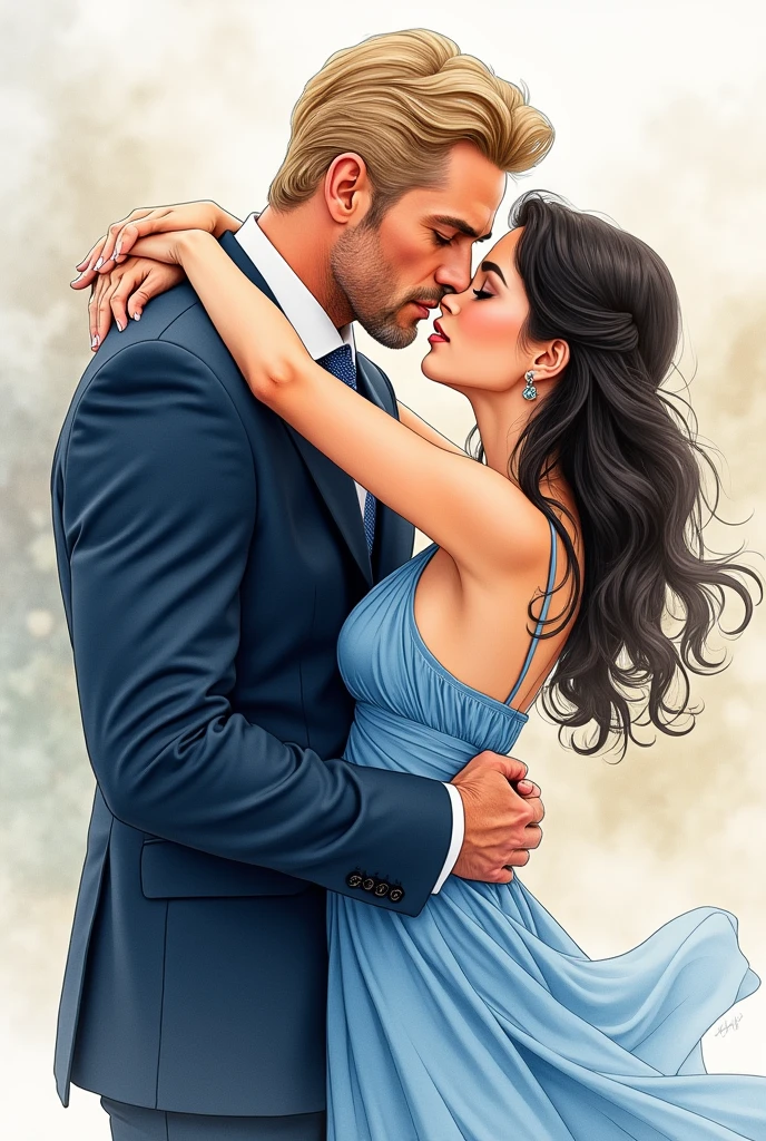 cartoon illustration of a handsome man forty years old, powerful blue look and blonde hair, similar to the character Tyler Rake, wearing a suit and a tie, looking like a Governor, hugging a beautiful twenty-year-old girl similar to the character Blair Waldorf, youthful face, Naive look, with dark hair and dark brown eyes wearing a blue dress. couple in love. he is kissing her. beautiful watercolor image. her with dark eyes please