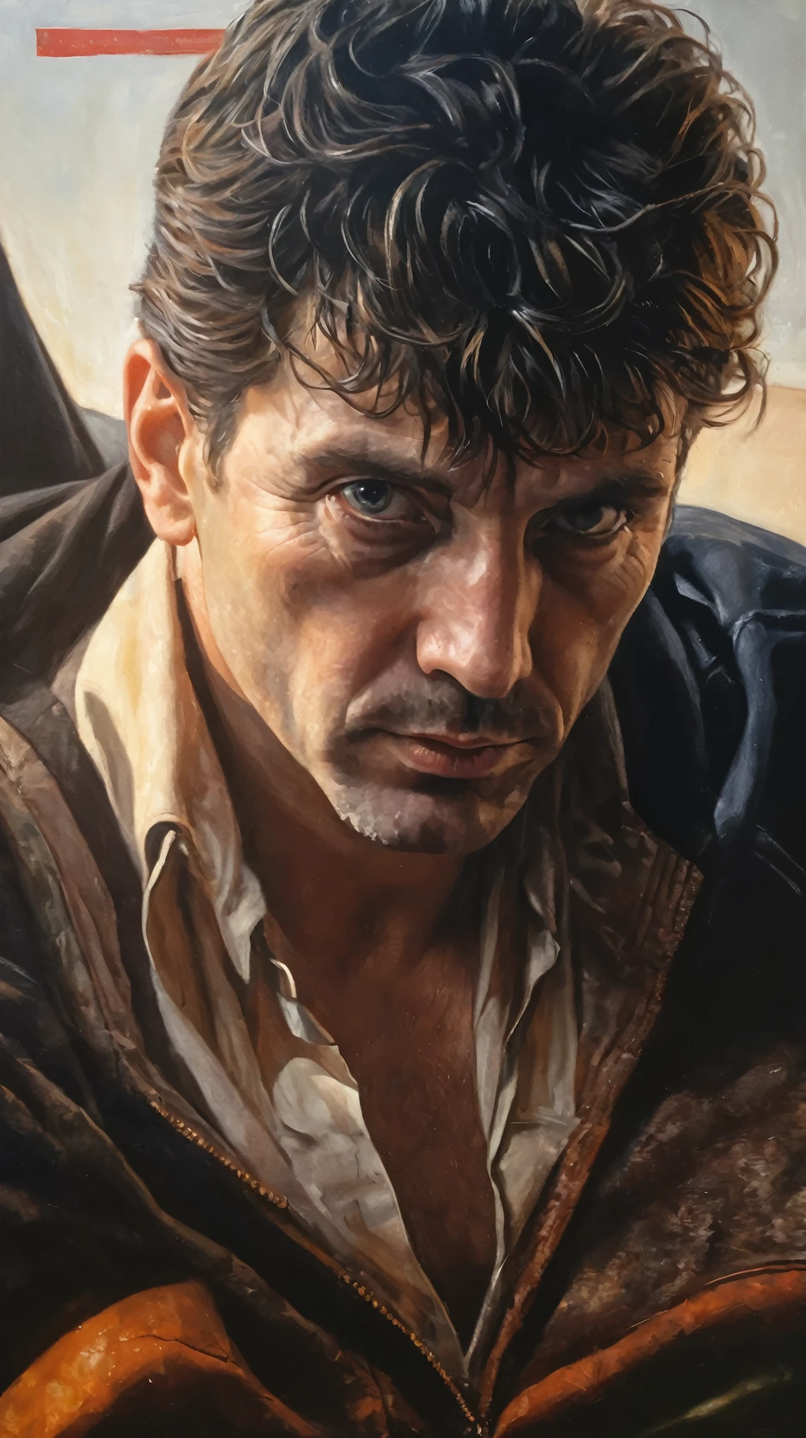 Frontal portrait of an adult man looking at the viewer, Hyper-Realism, hyperdetailed, incredible realism.