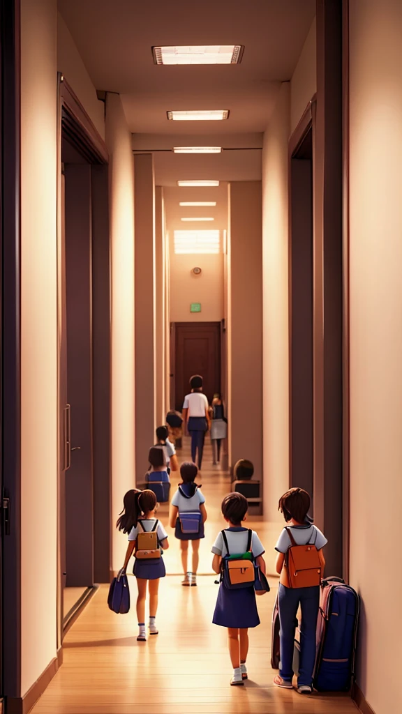 "A college corridor with 4 friends planning to study all night for their rescheduled exam."