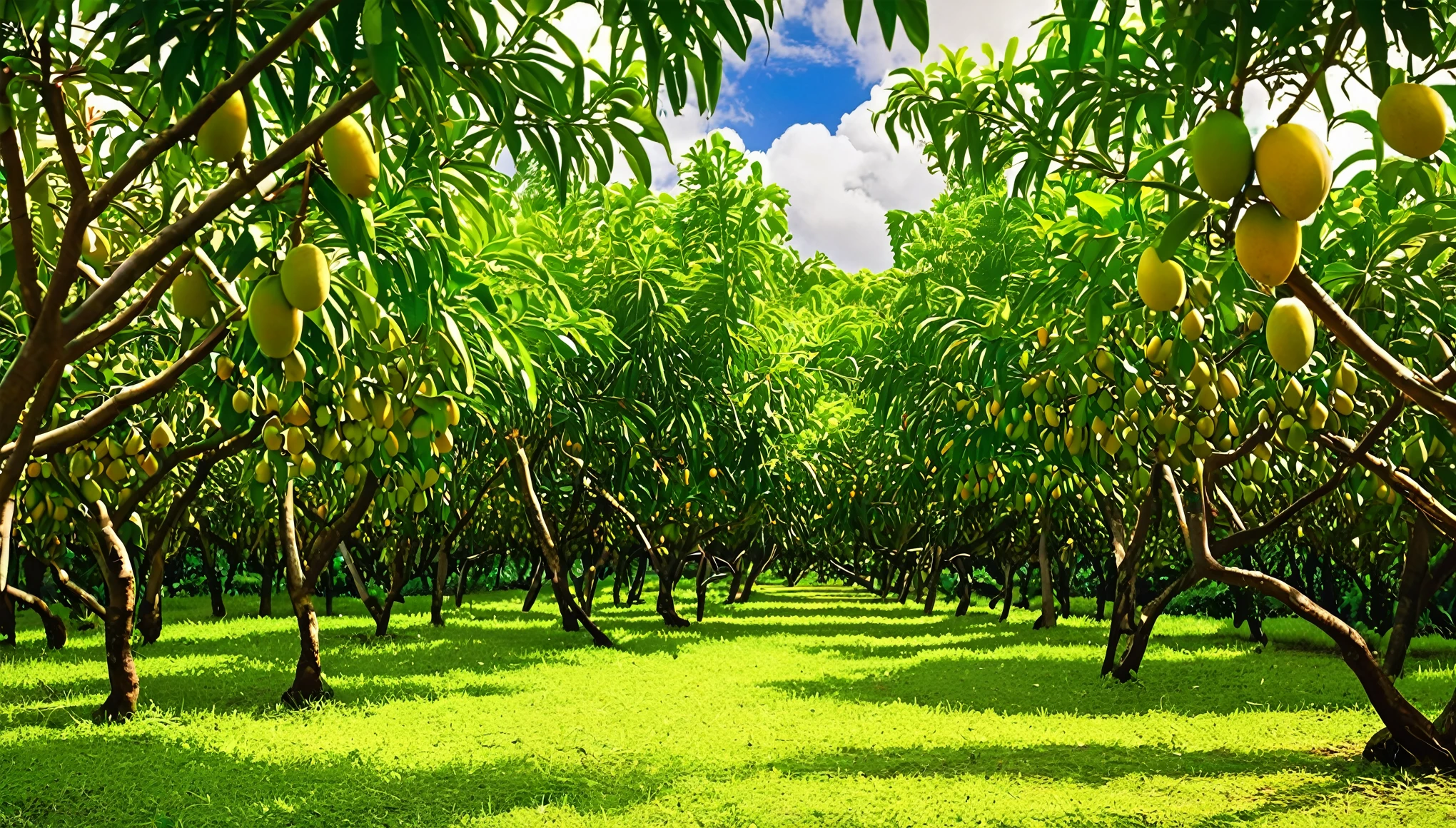 A stunning 32K UHD, Style Raw, photograph of a lush mango garden, with ripe yellow mangoes hanging from the branches of the trees. The sunny sky is adorned with fluffy white clouds, casting a warm, golden light on the vibrant scene. The garden is meticulously maintained, with a path leading through the rows of trees, inviting visitors to explore and indulge in the fresh, tropical fruit.