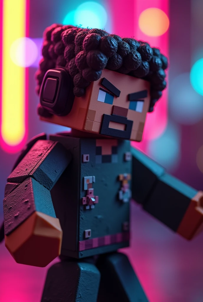 Minecraft gamer doll for profile photo with neon background lights, closer to the doll