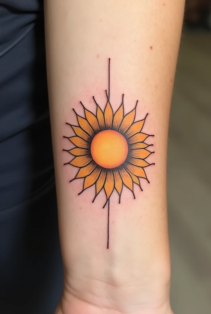 Elegant and delicate tattoo for women of a sun mixed with a sunflower in thin strokes
