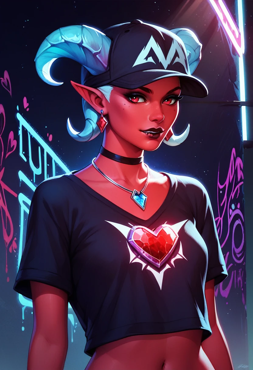 foreground,simple background,Background with neon rays of various colors,hyperdetailed,well defined details,hyper realistic,1 girl,graffiti hood,demon shirt,pierce,blood gem pendant