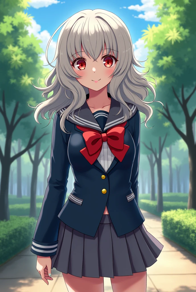 Capture my hero academia Girl with ashen hair , long wavy hair. no bangs. Red eyes and smile. clear skin. He wears a uniform and is in a park. round head