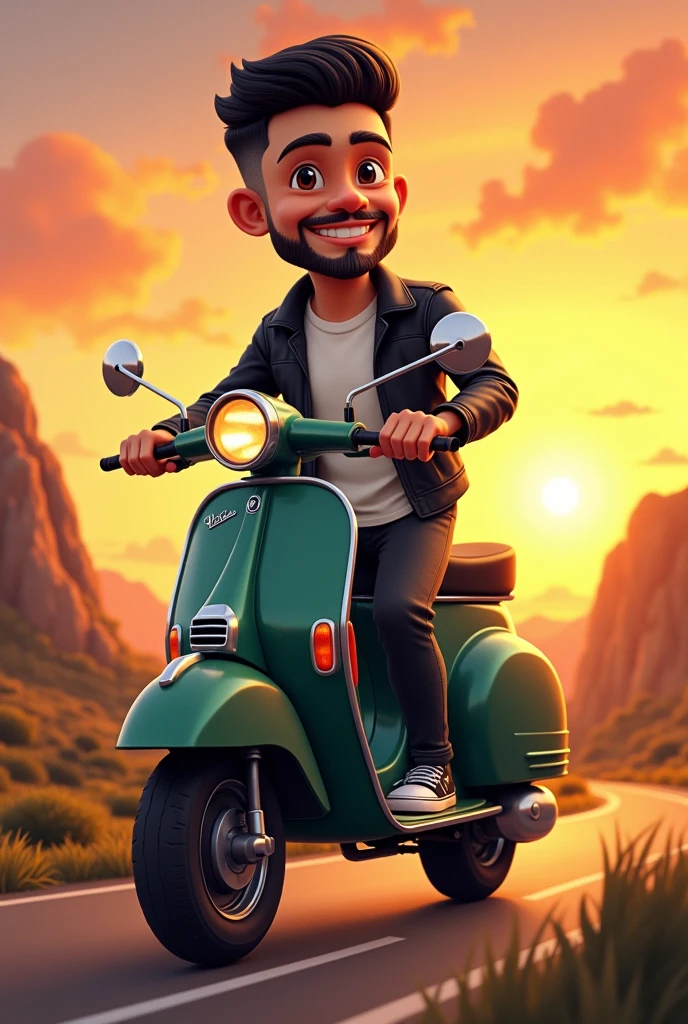 I want a picture of a cartoon-type boy on a classic dark green matte Vespa motorbike, the boy has a short black beard , thin black eyebrows, black eyes, short black hair, square face, the photo in a background landscape with a sunset, Biker photo type the guy with a leather jacket and a white t-shirt inside, The black leather jacket half open revealing the t-shirt, black jeans and vans style shoes. With a happy expression without showing teeth just a subtle smile, thin. He has black rings on both ring fingers of his hands.. 