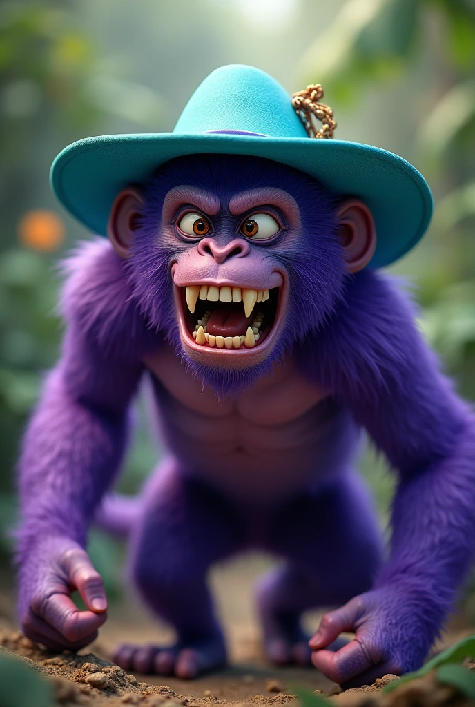 Angry purple monkey with cyan sunhat from gorilla tag