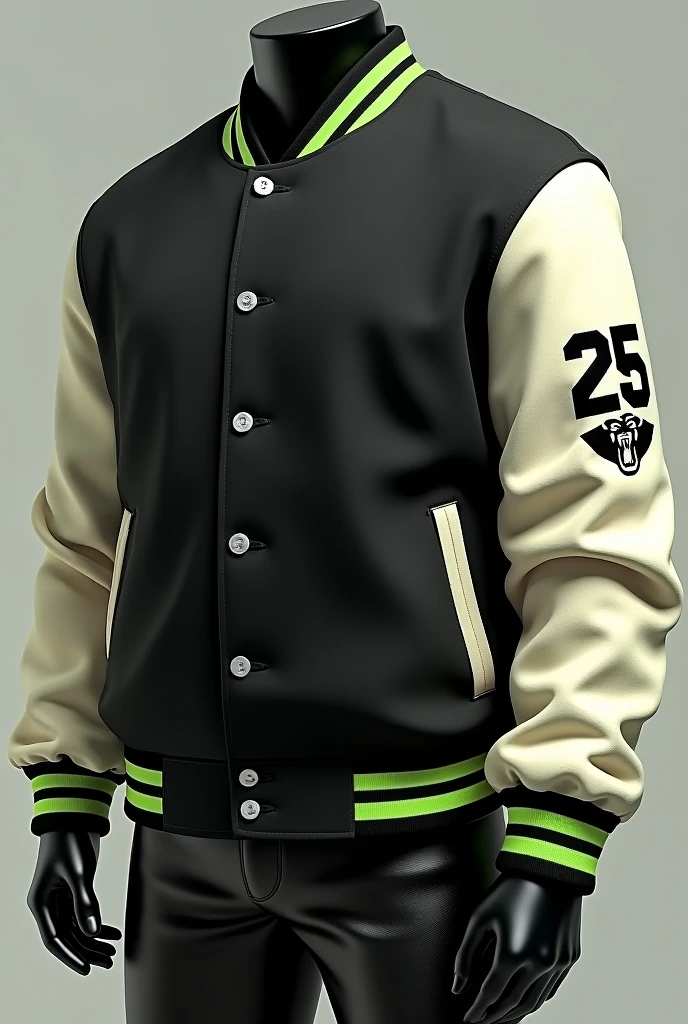 Varsity jacket with black colors and very small touches of green for a school with the number 25 on the left arm and with a small panther somewhere on the sleeve, that the sleeves are also cream-colored