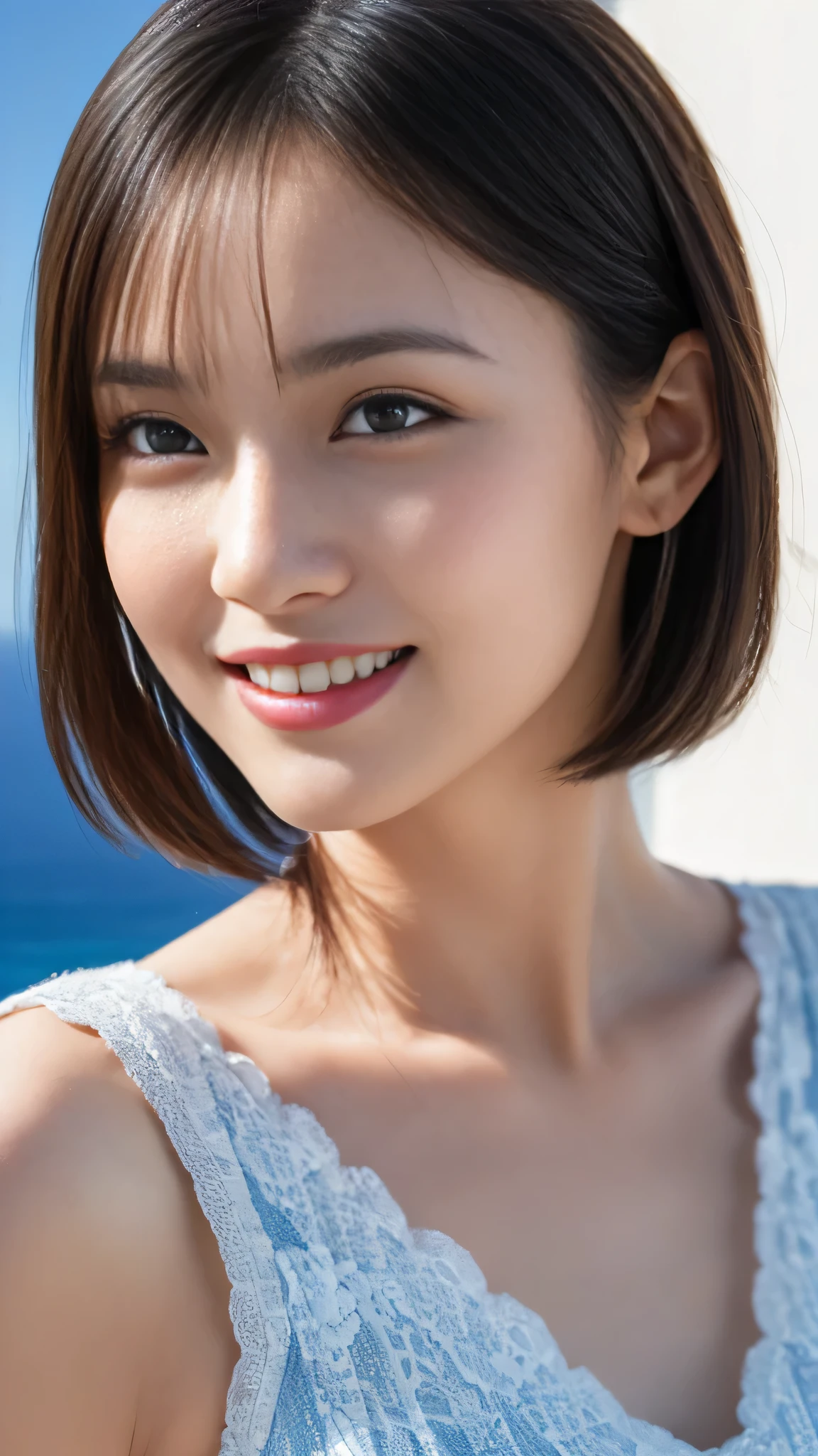 (Highest quality,masterpiece:1.3,Ultra-high resolution),(Very detailed,Caustics,8K),(Realistic:1.4,RAW shooting),(Smiling girls splashing water on each other),Japanese,18-year-old,cute,Black Short Hair,(big ),Bikini Swimwear,(Face Focus),(Face close-up),(Bust up shot),(Low position),(Low Angle),Clear and beautiful sea,Beach,sun,strong sunlight,Lens flare,Natural light,Professional Writing