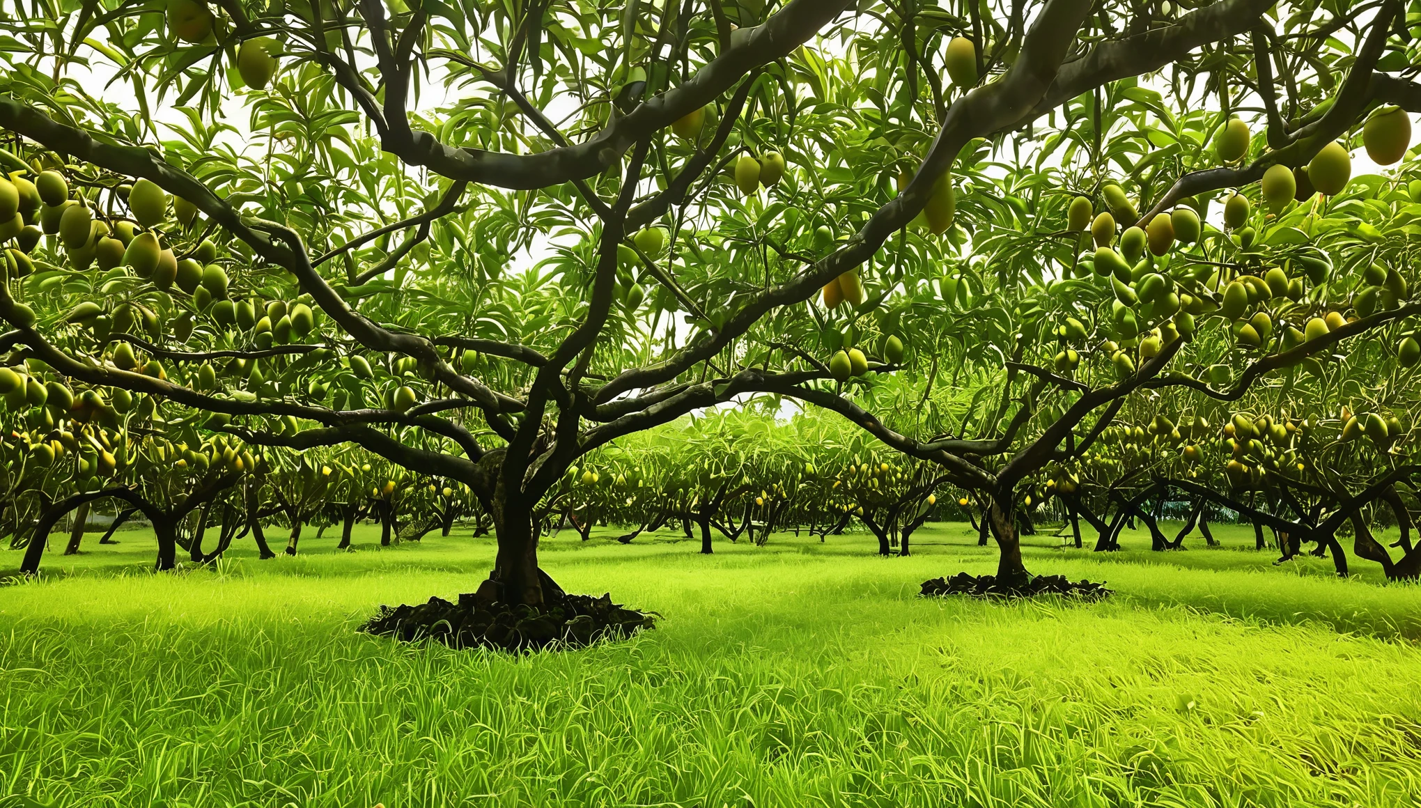 A stunning 32K UHD, Style Raw, photograph of a lush mango garden, with ripe yellow mangoes hanging from the branches of the trees. The sunny sky is adorned with fluffy white clouds, casting a warm, golden light on the vibrant scene. The garden is meticulously maintained, with a path leading through the rows of trees, inviting visitors to explore and indulge in the fresh, tropical fruit.
