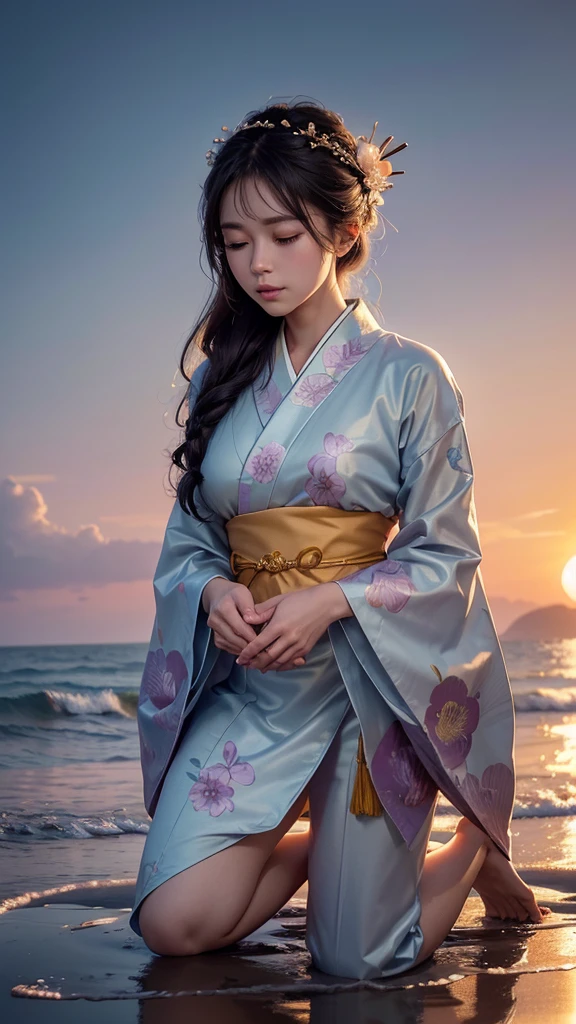 beautiful woman kneeling in prayer by the seaside, eyes closed, hands gently pressed together, wearing elegant traditional Japanese kimono in soft pastel colors with intricate floral patterns, delicate obi sash, long dark hair in classic updo with ornate hairpins, tranquil beach with gentle waves, warm orange and purple sky, seagulls gliding, subtle golden particles shimmering around her, (best quality,4k,8k,highres,masterpiece:1.2),ultra-detailed,(realistic,photorealistic,photo-realistic:1.37),highly detailed portrait,dramatic lighting,cinematic composition,ethereal atmosphere,stunning natural beauty