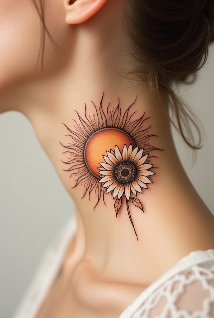 Elegant and delicate tattoo for women of a sun mixed with a sunflower in thin strokes