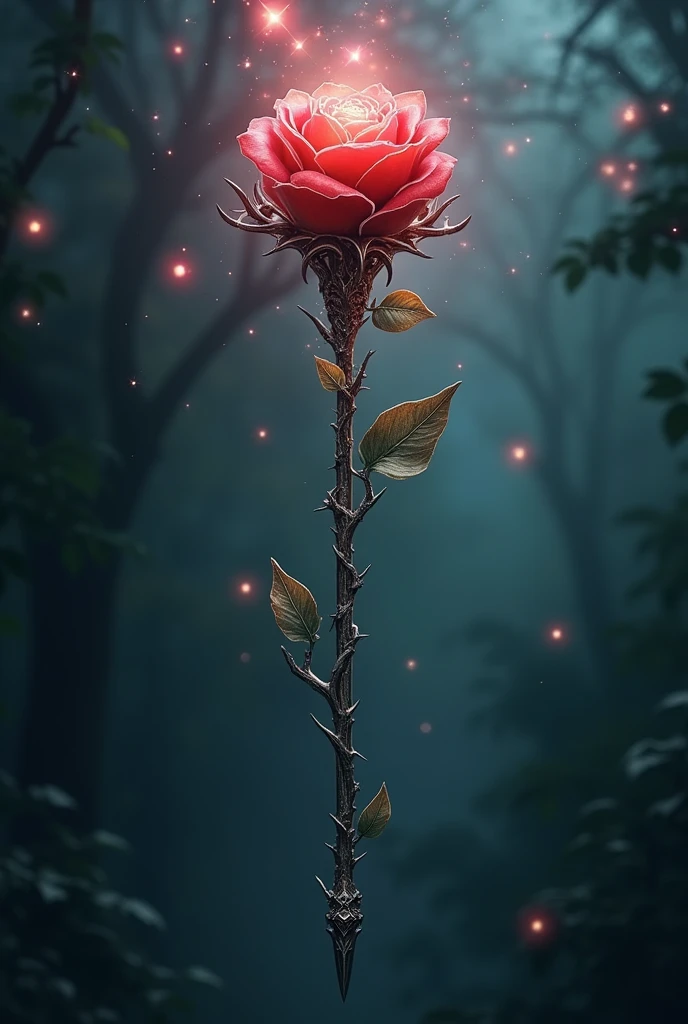Draw a weapon with a thin sword in the shape of a thorny rose or a magic wand with the tip of which is in the shape of a blooming rose