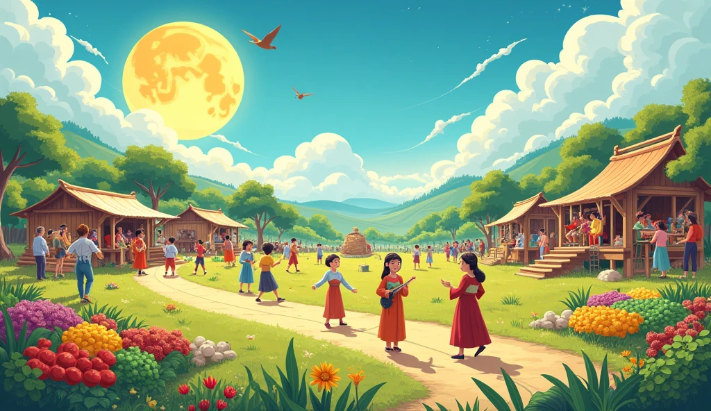 Various competitions were held in this festival, such as painting, dance, and music, which showcased the greatness of the moon's phase. At the same time, crops were displayed in exhibition, appreciating the agricultural contribution of the sun. The villagers used to remember the hardships of their past during this festival and celebrate the prosperity of the present. Cartoon Image
