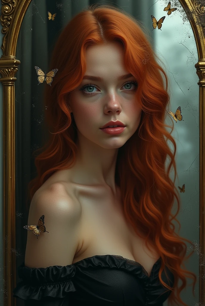 (solo, full body photo:1.3), (action packed:1.3), (haze, fog, mist:1.3), chiaroscuro, best quality, photorealistic, 1woman, (cute), (24yo:1.2), redhead, long ginger hair highly detailed, 1700'S, digital photography, art by artgerm and ruan jia and greg rutkowski surreal painting gold butterfly filigree, broken glass, (masterpiece, sidelighting, finely detailed Fashionable eyes: 1.2) (perfect oval large eyes that gazes at the viewer), beautiful detailed face, blue gorgeous perfect eyes, (blonde hair ponytail), (attractive young woman:1.3), (thick amazing hair), (seductive:1.1), (blushing:1.1)