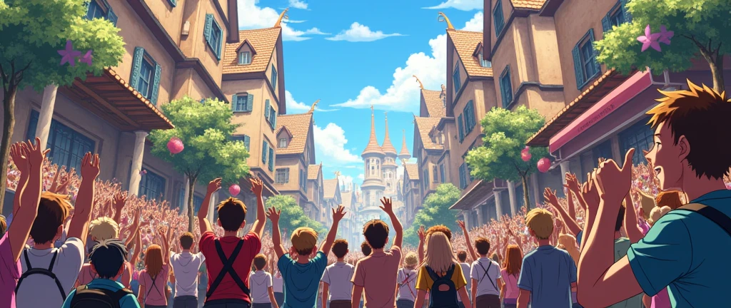 a street full of people cheering , standing at one side, a crowd cheering on a street, anime style , anime background, fantasy style,