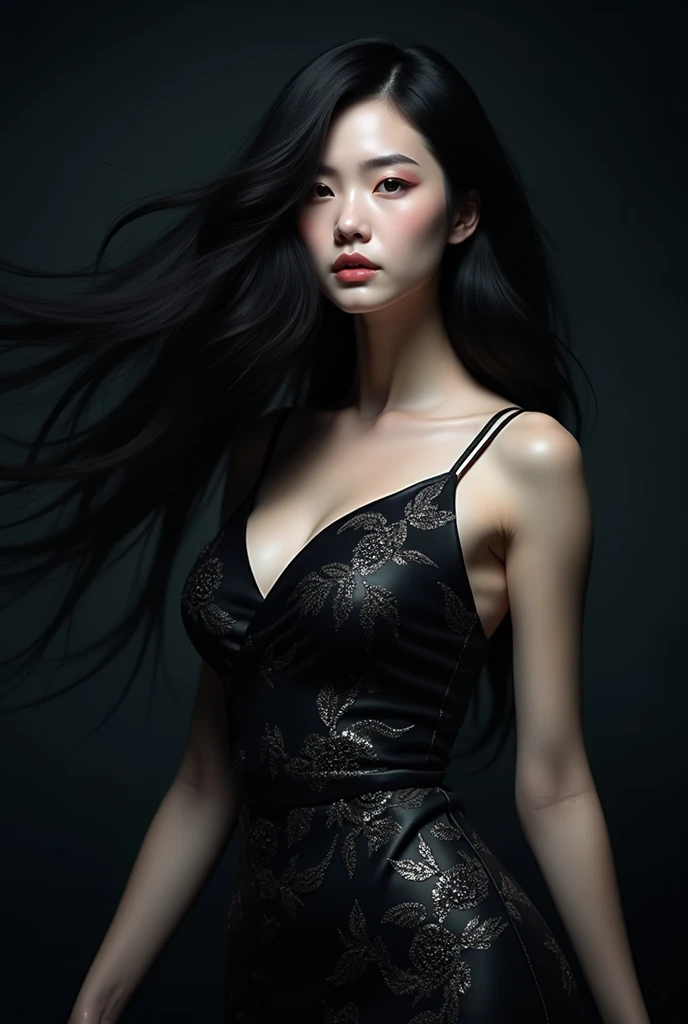 dark techno, cyberpunk,「Realistic image of a Asia Model She is elegant, pale, Perfect and long skin, Flowing black hair that blends with the surrounding shadows. Her kimono is exquisite and meticulous down to the last detail.., dark, Relaxing dark blue and black tones, Exquisitely decorated, Negative patterns that indicate a connection to the supernatural.
