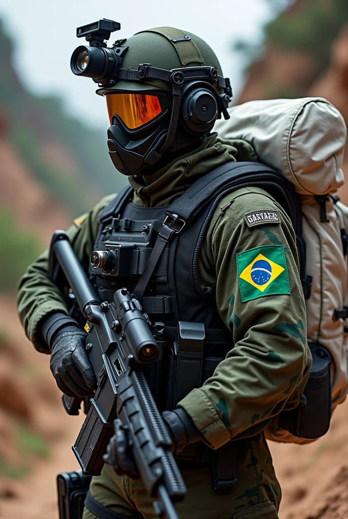 Create a soldier with the MK14 weapon wearing a camouflage helmet and a large thermal camera attached to the helmet. wearing a black and green camouflage vest with the Brazilian flag and a large white backpack on his back