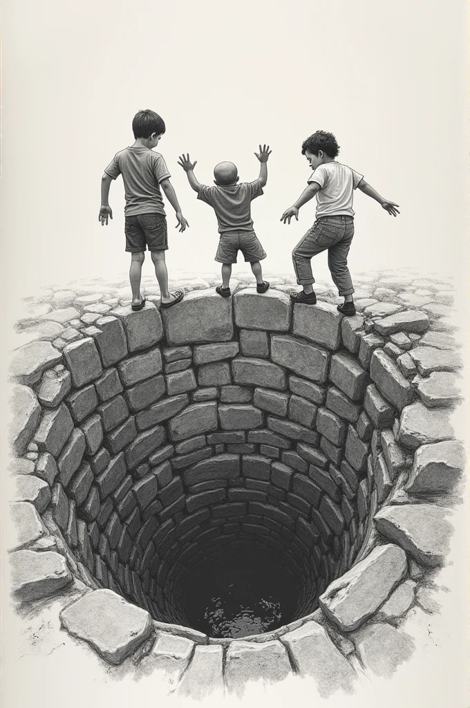Draw a picture of children being thrown into a well.
