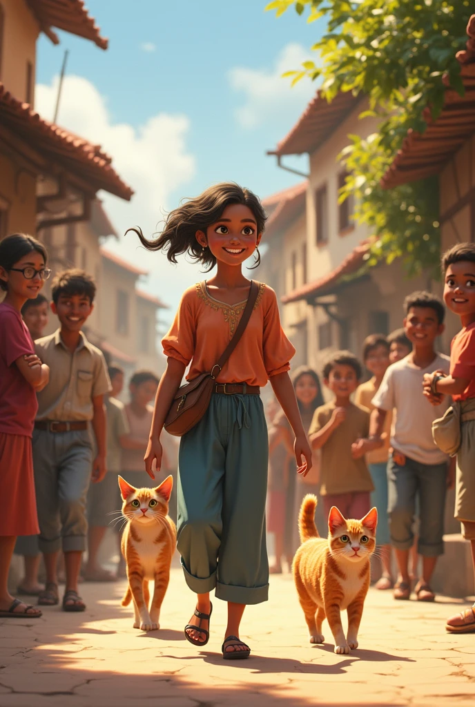 
Villagers smile as they watch Amina and cat walking through the village. The bond between them is clear, filled with love and friendship."
