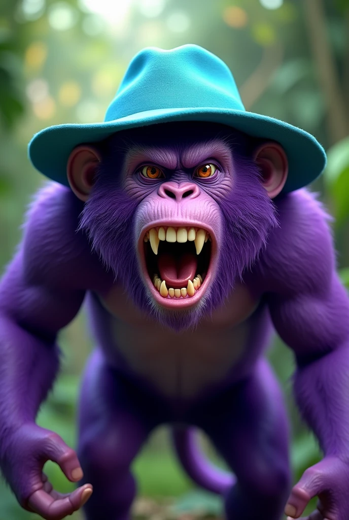 Angry purple monkey with cyan sunhat from gorilla tag