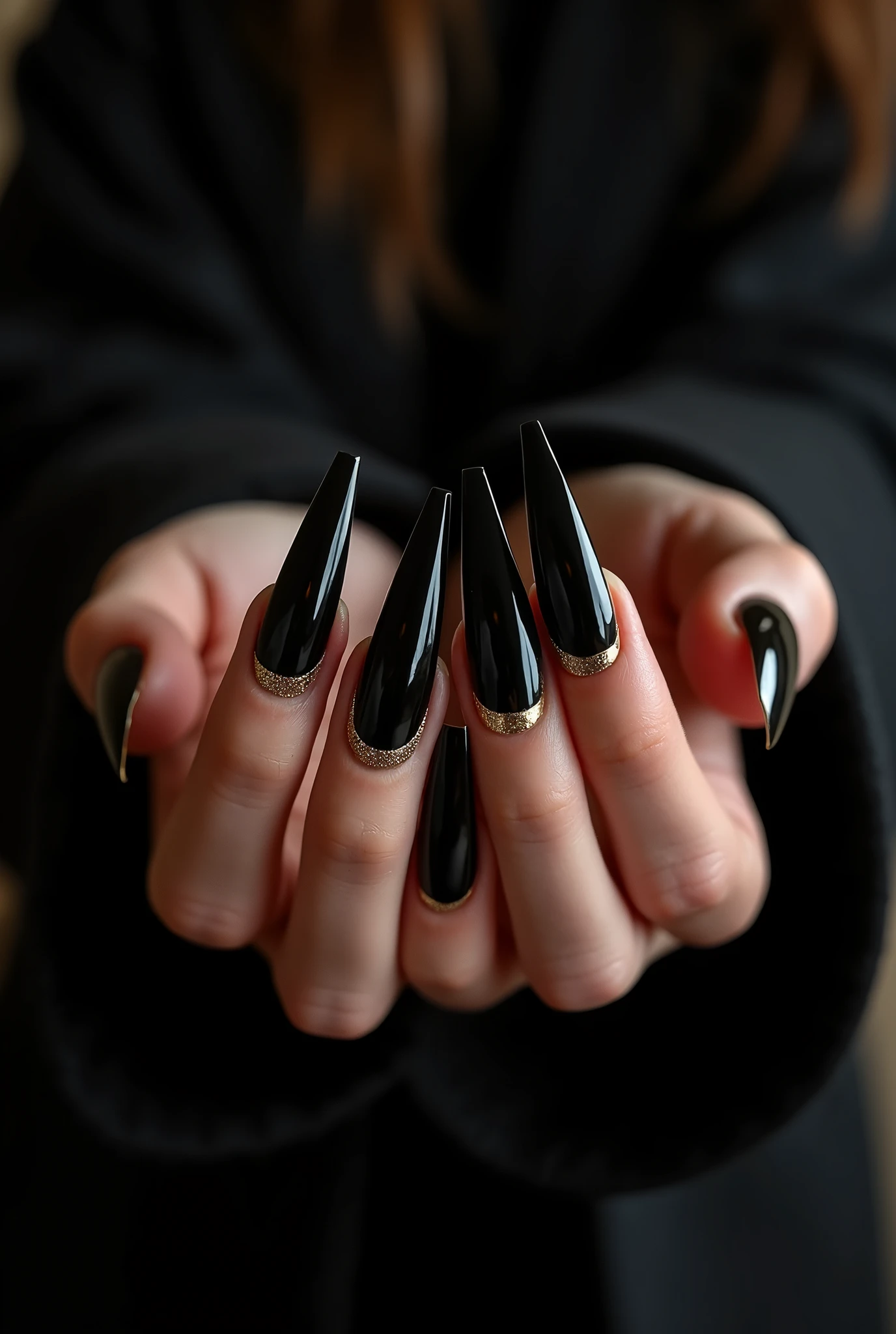 long black and gold nails
