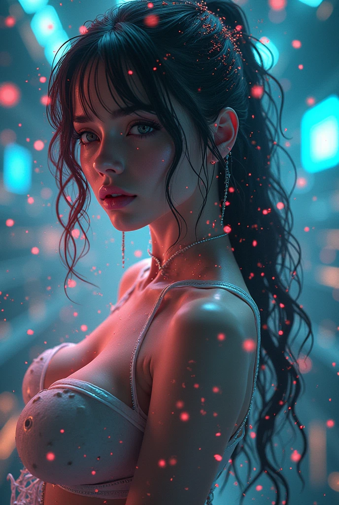 ((Best quality)), ((masterpiece)), (detailed:1.4), 3D, an image of a beautiful cyberpunk female with thick voluminous boobs,light particles, pure energy chaos antitech,HDR (High Dynamic Range),Ray Tracing,NVIDIA RTX,Super-Resolution,Unreal 5,Subsurface scattering,PBR Texturing,Post-processing,Anisotropic Filtering,Depth-of-field,Maximum clarity and sharpness,Multi-layered textures,Albedo and Specular maps,Surface shading,Accurate simulation of light-material interaction,Perfect proportions,Octane Render,Two-tone lighting,Wide aperture,Low ISO,White balance,Rule of thirds,8K RAW,wide wips,saggy boobs