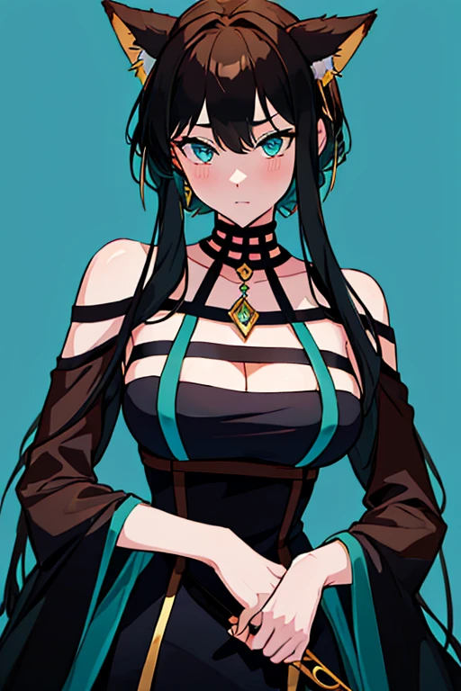 (Girl with brown hair with turquoise tips) (fox ears) (dressed in "yor forger" black color) (turquoise blue eyes) (thousand: pointed golden needle-shaped blade) (short hair, with locks of long hair) (look: he would be) (sexy black dress) (big breasts