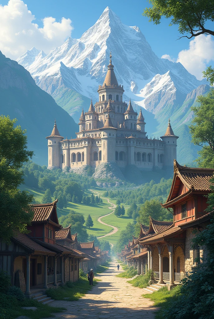 A scenic view of the village, with the king's palace in the distance, surrounded by lush greenery and mountains.