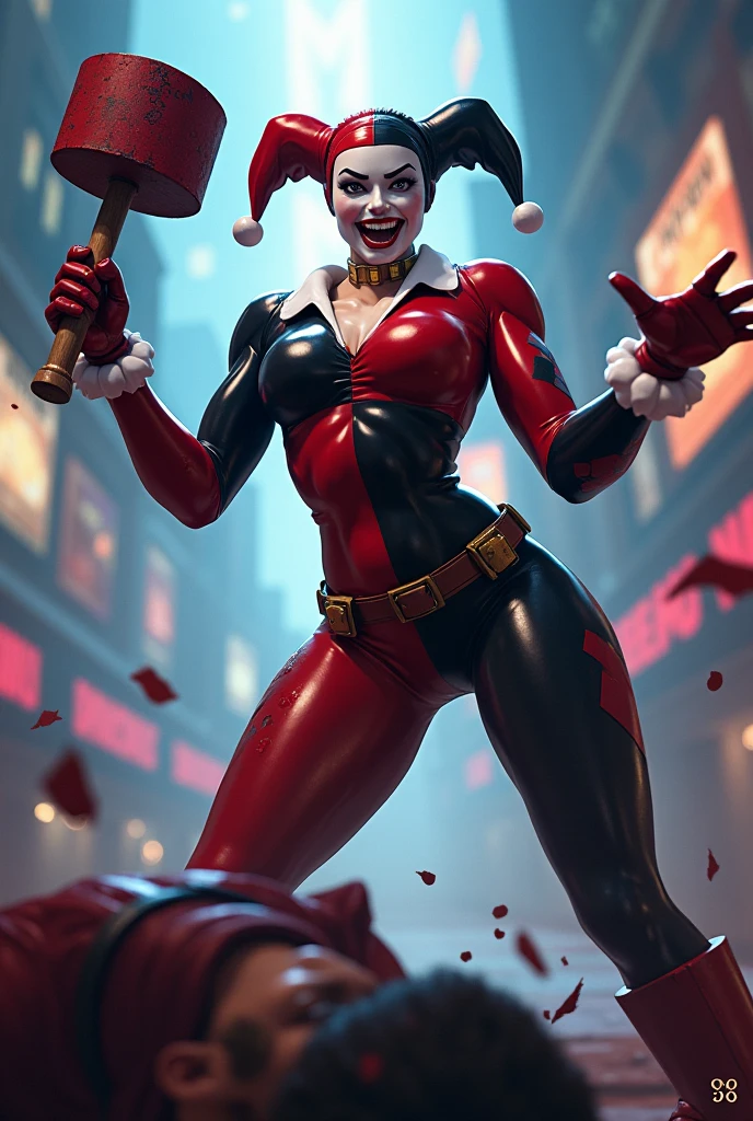 (masterpiece, best quality, high quality, 1girl, solo:1.1), (HarleyWaifu:1.4) (blue eyes, mask, domino mask, hat, red and black bodysuit, jester cap, makeup, facepaint, gloves), (ripped bodysuit, torn fabric:1.4), (makeup), (fully in view:1.4), motion lines, bursting breasts, (gigantic breasts, enormous breasts, cleavage:1.3), (breast_expansion, eyes down, eyes looking down, eyes looking at breasts, overjoyed:1.5) grabbing breasts, holding breasts, hands holding breasts, <lora:hyperbreasts_v6:.5> <lora:BEReaction:1>, angled view, from angle <lora:HarleyQueenOld_character-10:1> (standing in chemical factory, vats of glowing chemicals:1.4)