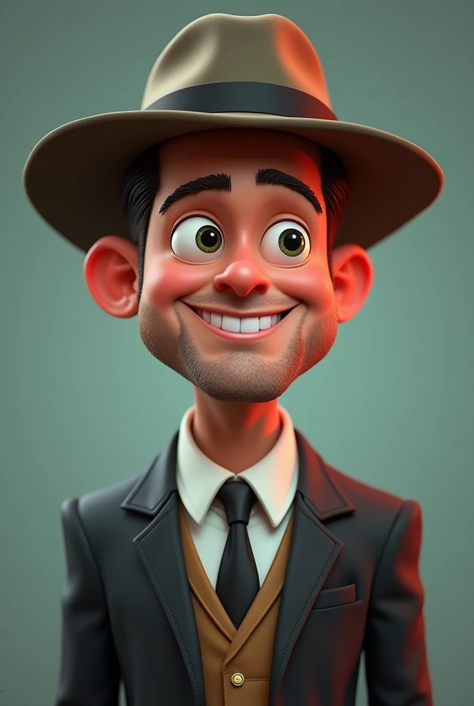 brad pitt portrait, suite, medium shot, digital model, playful character design style, hard surface modeling, tiago hoisel, with hat, round face, looking sideways, cheerful, cartoon characters, delicate materials, bright colors