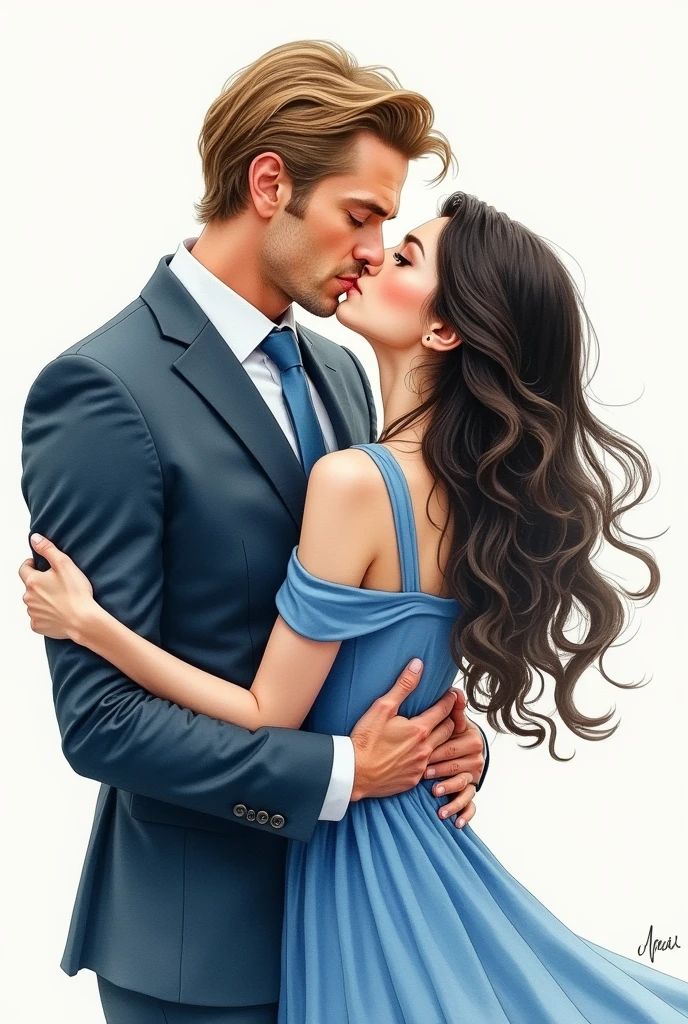 cartoon illustration of a handsome man forty years old, powerful blue look and light brown hair similar to the character Tyler Rake, wearing a suit and a tie, looking like a Governor, hugging a beautiful twenty-year-old girl similar to the character Blair Waldorf, youthful face, Naive look, with dark hair and dark brown eyes wearing a blue dress. couple in love. he is kissing her. beautiful watercolor image. her with dark eyes please 