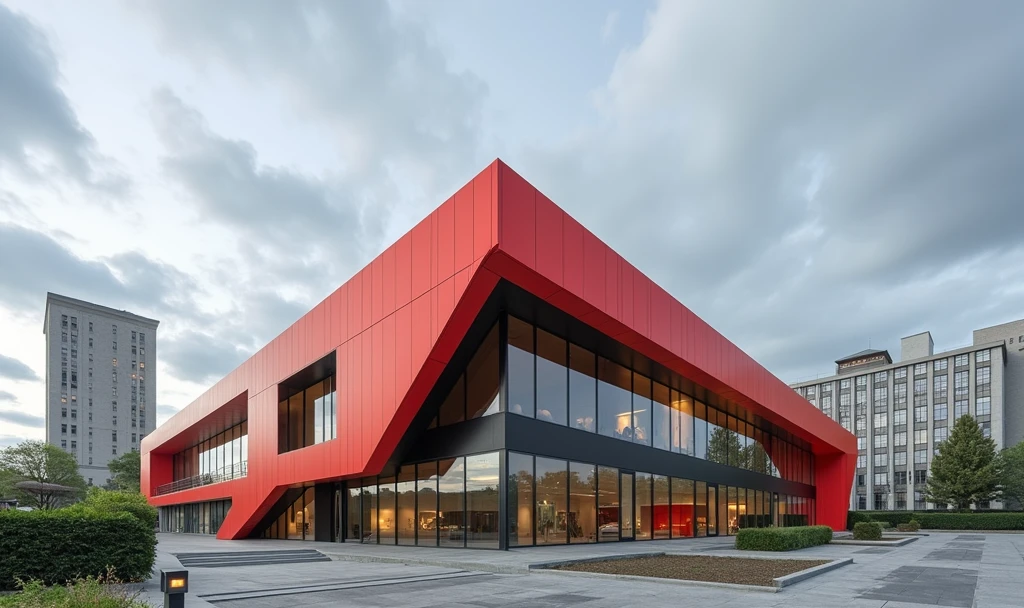 Futuristic design of office building, red color, in a small town, cloudy weather, super realistic photo, high resolution