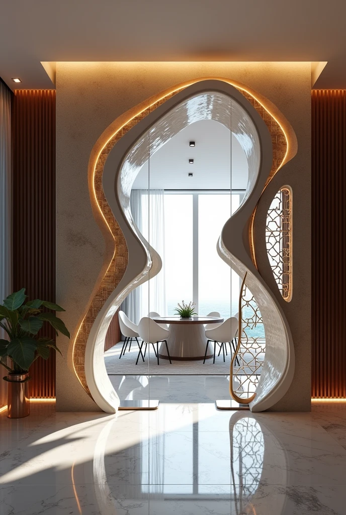 Create an image of a double-hinged door that divides a living room from a dining room, featuring an Art Nouveau style fused with modern parametric geometry. The design is heavily influenced by Zaha Hadid's architectural aesthetics. The door should have fluid, organic lines and a dynamic form, with intricate geometric patterns integrated into the design. Use materials like glass, polished steel, and high-gloss wood, reflecting the luxurious and futuristic qualities typical of Hadid's work. The setting should be a contemporary, minimalist interior that complements the door's bold design.
