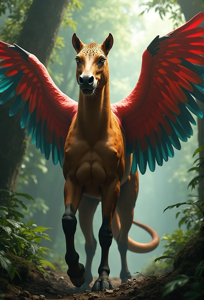 Animal with the head of an Amazonian jaguar, Horse body and Amazonian red macaw wings