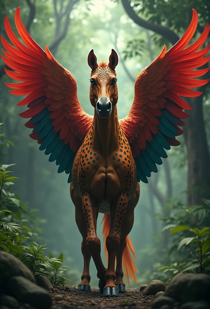 Animal with the head of an Amazonian jaguar, Horse body and Amazonian red macaw wings