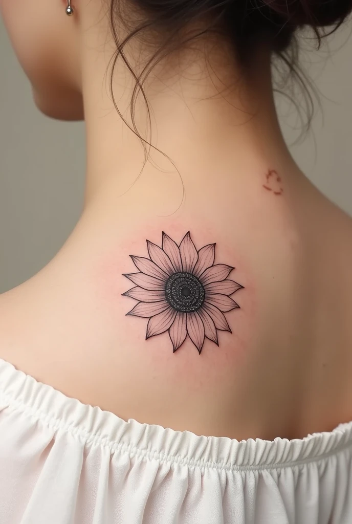 Elegant and delicate tattoo for women of a sun mixed with a sunflower in thin small strokes
