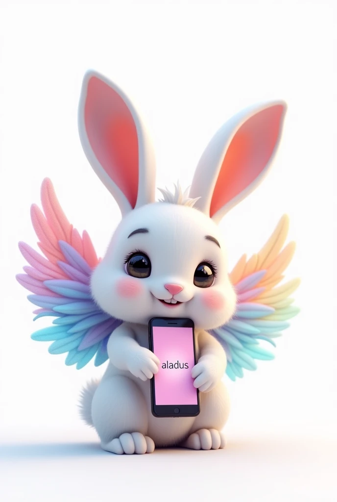 Bunny with cute face and colorful angel wings, holding a cell phone with writing "aladus "in hand, com fundo branco