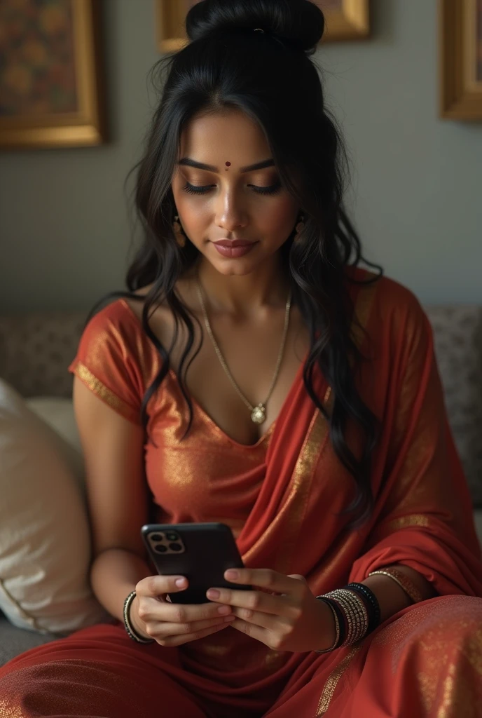 (photorealism:1.2), 35 yo, dusky indian married woman with big bust and black hairs bun wearing country clothes and silver traditional anklets, teasing husband on video call, sexting, full body