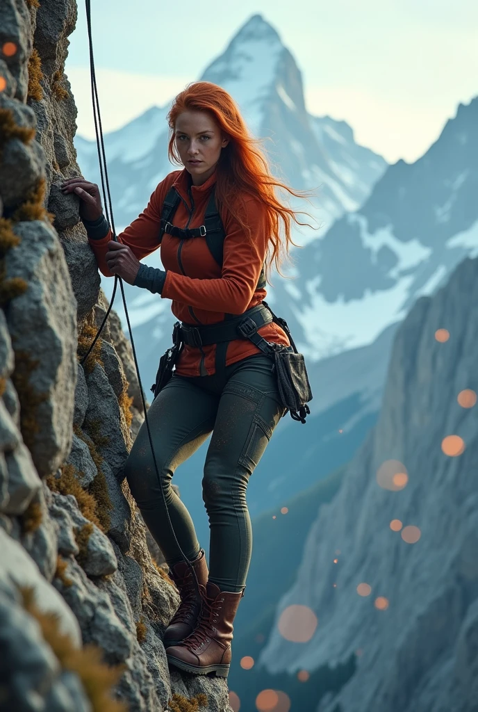 redhead woman, climbing outfit, climbing on mountains, closeup, (muddy:0.6), shallow depth of field, highly detailed, high budget Hollywood film, bokeh, cinemascope, epic, gorgeous, film grain