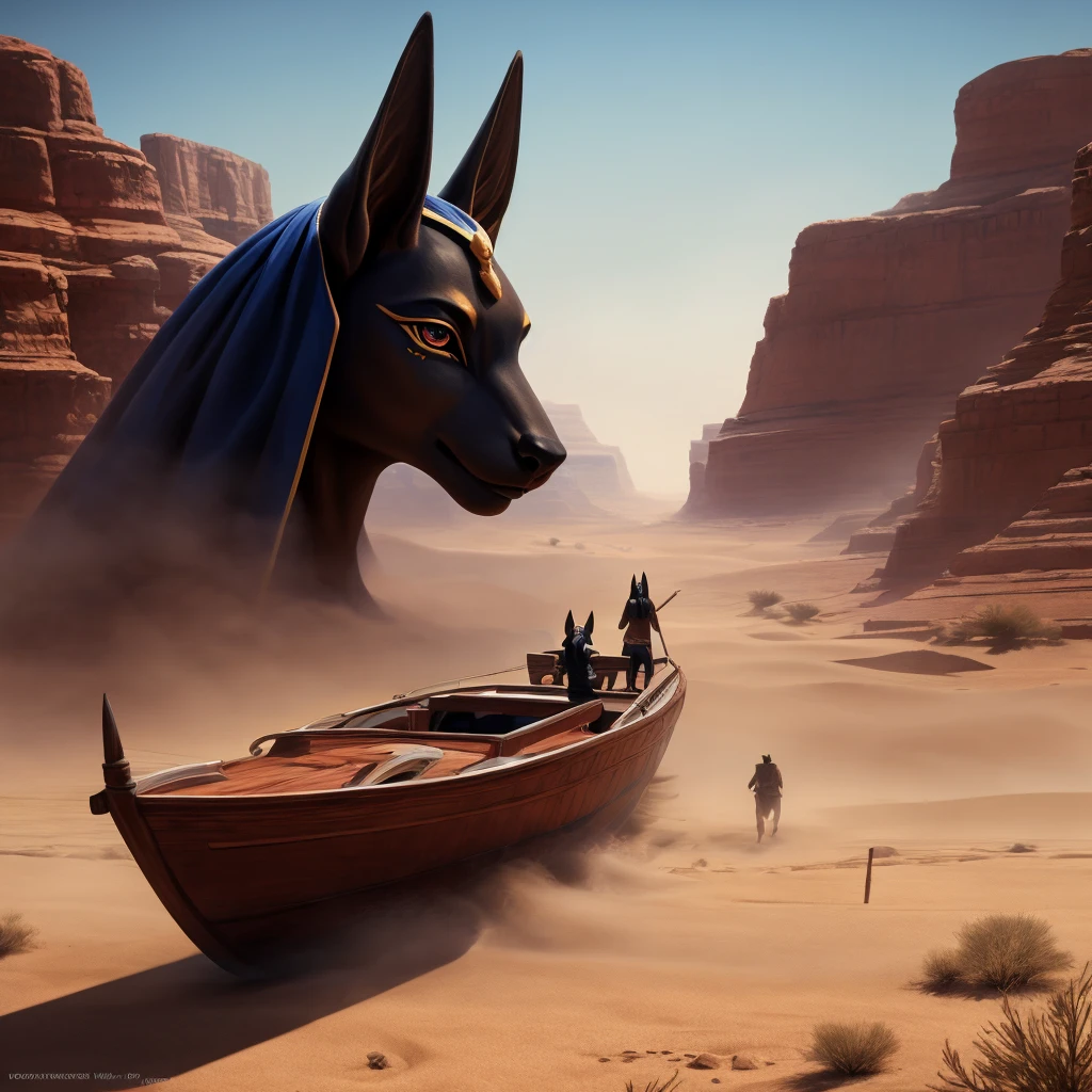 realistic cinematic lighting, beautiful detailed eyes, beautiful detailed lips, extremely detailed eyes and face, longeyelashes, 1 anubis, sailor, desert, moving, boat, crowd, volumetric fog, cinematic composition, dramatic shadows, vibrant colors, hyper realistic, photorealistic, 8k, best quality, masterpiece, ultra-detailed
