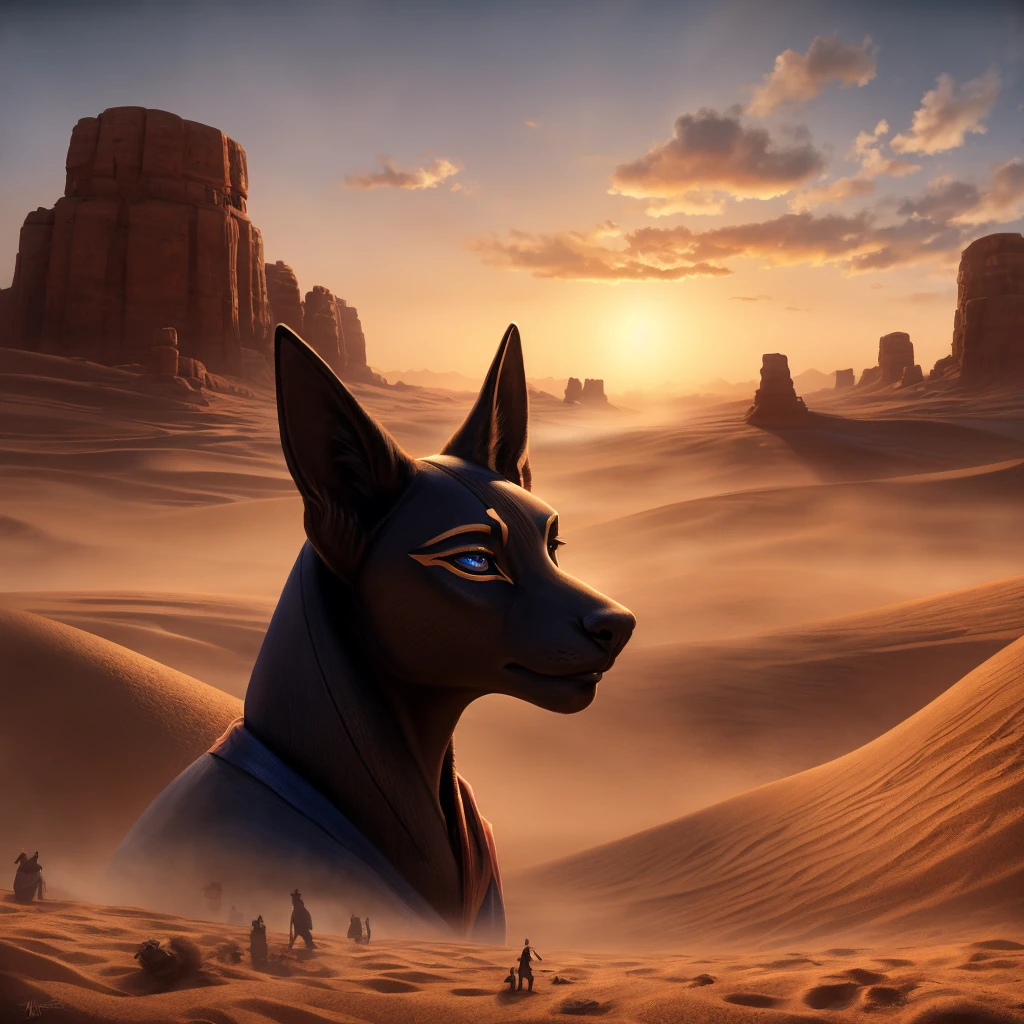 realistic cinematic lighting, beautiful detailed eyes, beautiful detailed lips, extremely detailed eyes and face, longeyelashes, 1 anubis, sailor, desert, moving, boat, crowd, volumetric fog, cinematic composition, dramatic shadows, vibrant colors, hyper realistic, photorealistic, 8k, best quality, masterpiece, ultra-detailed