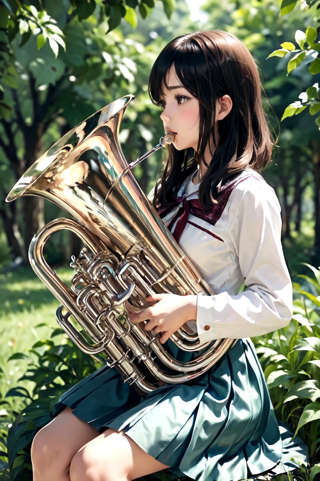 (masterpiece, Highest quality:1.2), (One Girl), play the euphonium, alone, (Draw the Euphonium Shape Accurately:1.4)、Sit down、(From the side)、In the uniform of Kitauji High School、(Blur the background)、Anime Art、4K、8k、wallpaper、