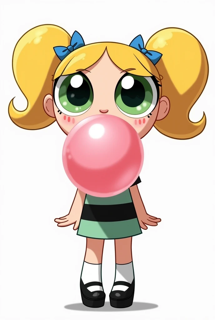 "Create a detailed illustration of Bubbles from 'The Powerpuff Girls,' transformed into a teenager while maintaining her original classic design from the TV series. Bubbles should still have her iconic large green eyes, round face, and blonde pigtails with blue hair ties. However, her features should be slightly more mature, reflecting a teenage version of herself.

Bubbles is blowing a bubblegum bubble, which covers most of her mouth, giving her a playful and mischievous expression. The bubble should be pink and shiny, with a white highlight to show its roundness.

Her outfit should be a modern, teenage variation of her classic look—simple and casual, but without needing to match the exact details of the original cartoon. The background should remain plain and white, focusing all attention on Bubbles and her bubblegum gesture."