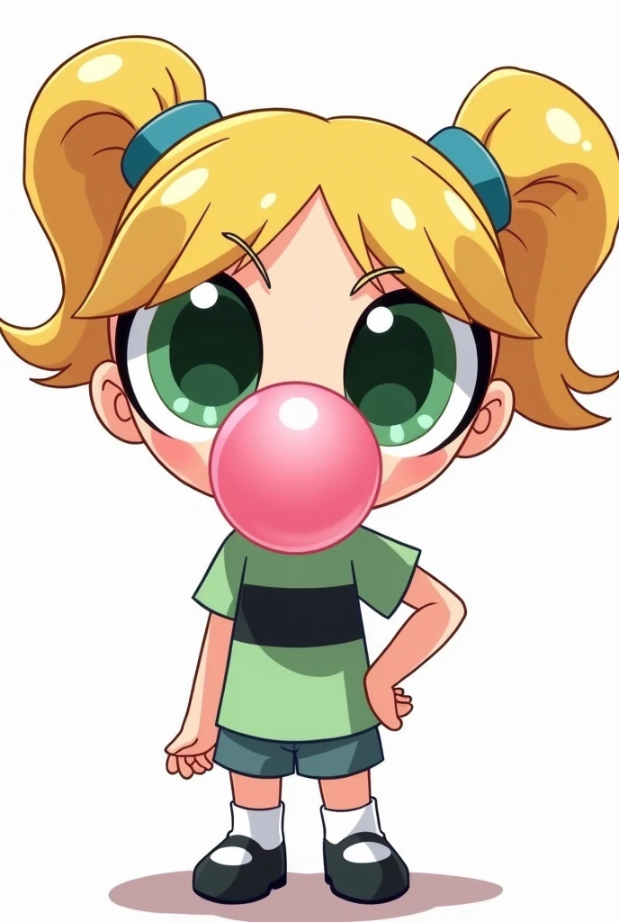 "Create a detailed illustration of Bubbles from 'The Powerpuff Girls,' transformed into a ager while maintaining her original classic design from the TV series. Bubbles should still have her iconic large green eyes, round face, and blonde pigtails with blue hair ties. However, her features should be slightly more mature, reflecting a teenversion of herself.
Bubbles is blowing a bubblegum bubble, which covers most of her mouth, giving her a playful and mischievous expression. The bubble should be pink and shiny, with a white highlight to show its roundness.
Her outfit should be a modern, teenage ation of her classic look—simple and casual, but without needing to match the exact details of the original cartoon. The background should remain plain and white, focusing all attention on Bubbles and her bubblegum gesture."