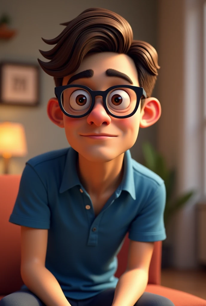 Cartoon character of a man in black glasses and blue shirt, an animated character, stylized character, animation style rendering, 3d stylized, Arnold Maya rendering, Stylized 3D rendering, toon render screenshot, 3d character, 3d character, Stylized 3D rendering, 3D character rendering, cartoon character, Personagem de close up, character posing, (Pixar-style) (master part:1.2) (bokeh) (best qualityer) (skin detailed) (detailed texture) (8k) (Argilla) (cinematic lighting) (sharp focus,Sit down and lift your upper body